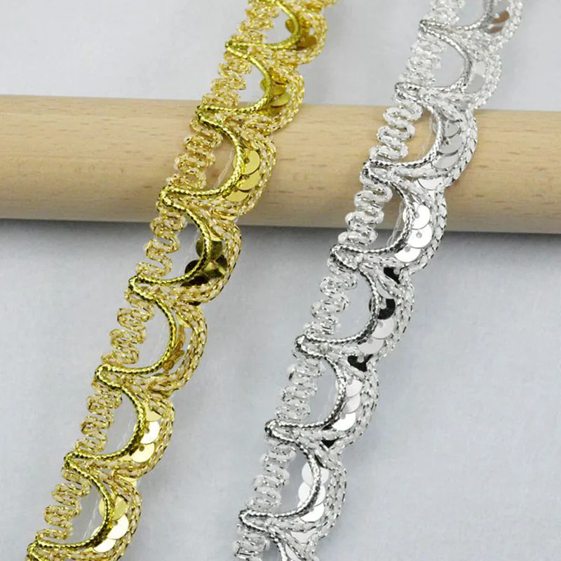 5m/16.4ft each pack Gold Silver lace sequin trims ribbons Fabric Accessory HandMade sewing DIY crafts curve curtain decoration