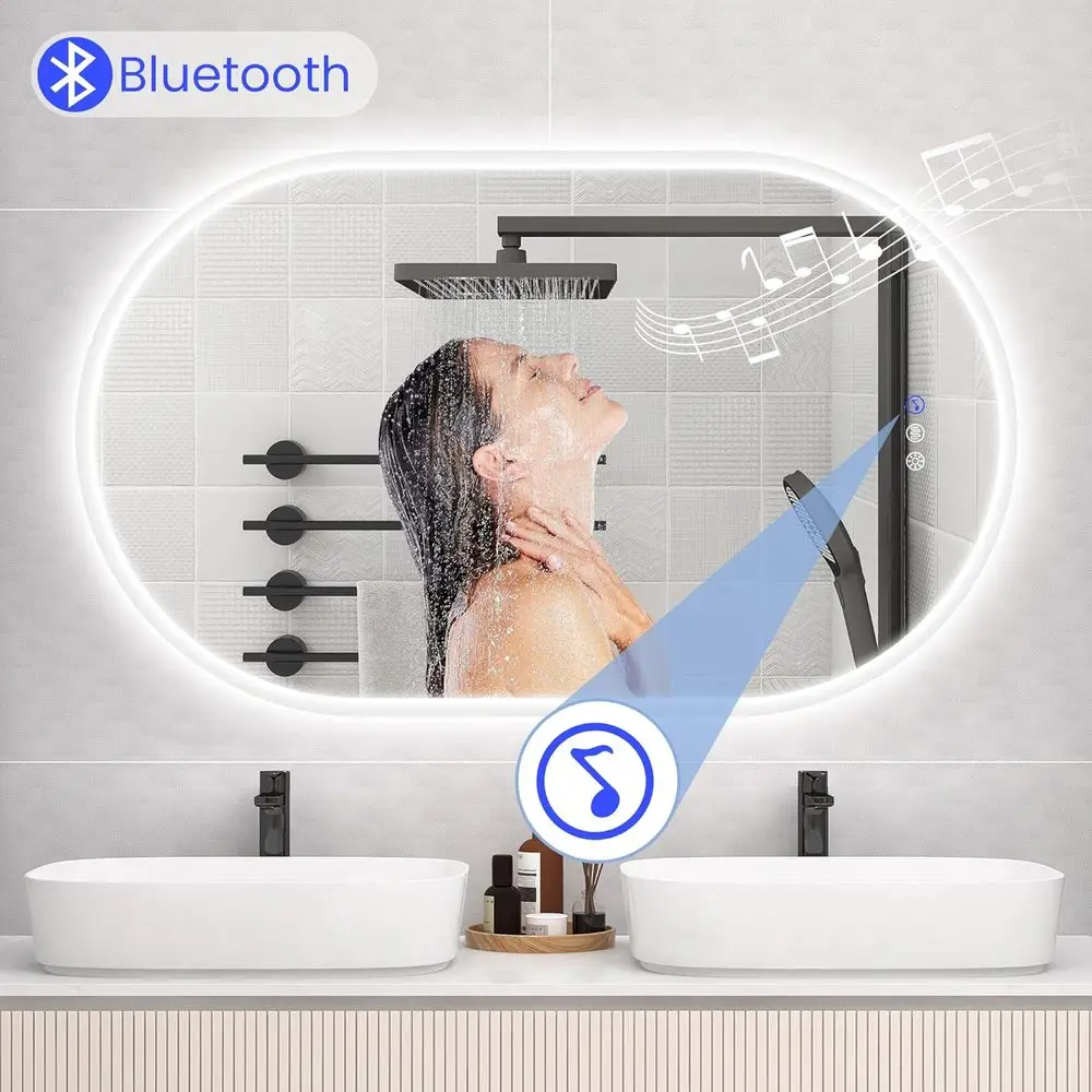 楕円形 LED バスルームミラー ライト付き 壁掛け式 Bluetooth スピーカー 曇り止め 3 色温度 調光可能な明るさ 防水