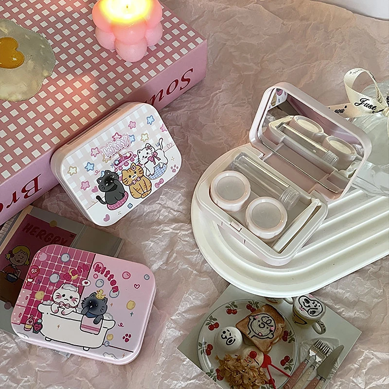 1PC Cute Cartoon Cat Contact Lens Box Portable Contact Lens Case For Girls Beauty Pupil Storage Container Travel  with Mirror