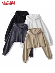 Tangada 2023 Women Solid Hood Sweatshirts Oversize Long Sleeve Loose Crop Tops 2U43