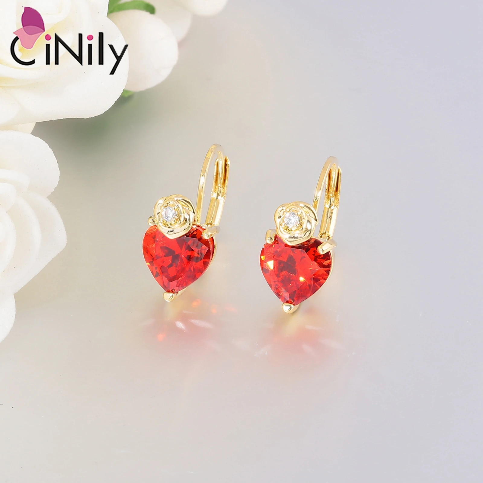 CiNily Classic Rose Love Hoop Earrings for Women Girls Delicate Zircon Earrings Gold Plated Fashion Jewelry Lovely Heart Earring