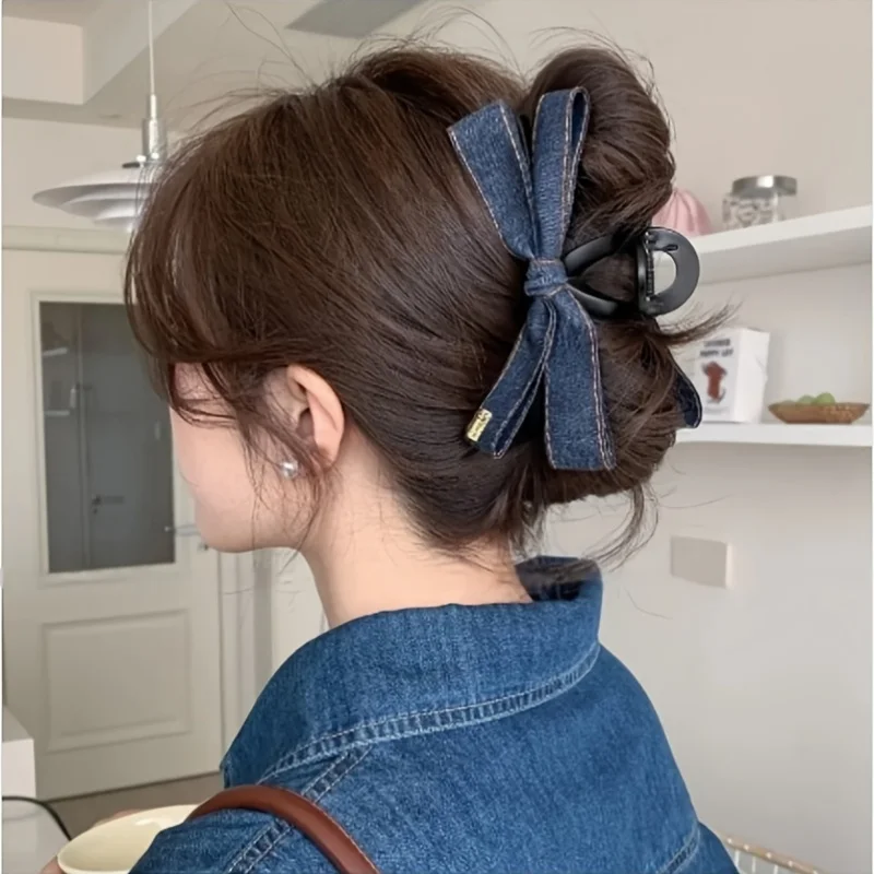 Haarspange aus Denim-Schleifenband, große Schleife, Haarklammer, rutschfeste Haarklammer, starker Halt, modische Haar-Accessoires für Frauen und Mädchen – Detail 2