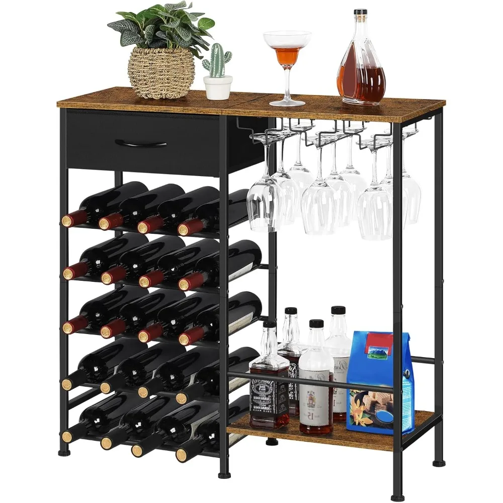 estante para vino independiente, estantes para almacenamiento de vino con exhibición de 5 niveles con soporte para vasos y cajón de tela, gabinete para licores de 20 botellas b
