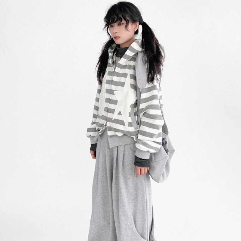 Japanese Original Design Gray White Striped Hooded Women's Sweatshirt Autumn New Patch Star Splicing Zipper Loose Coat Ladies