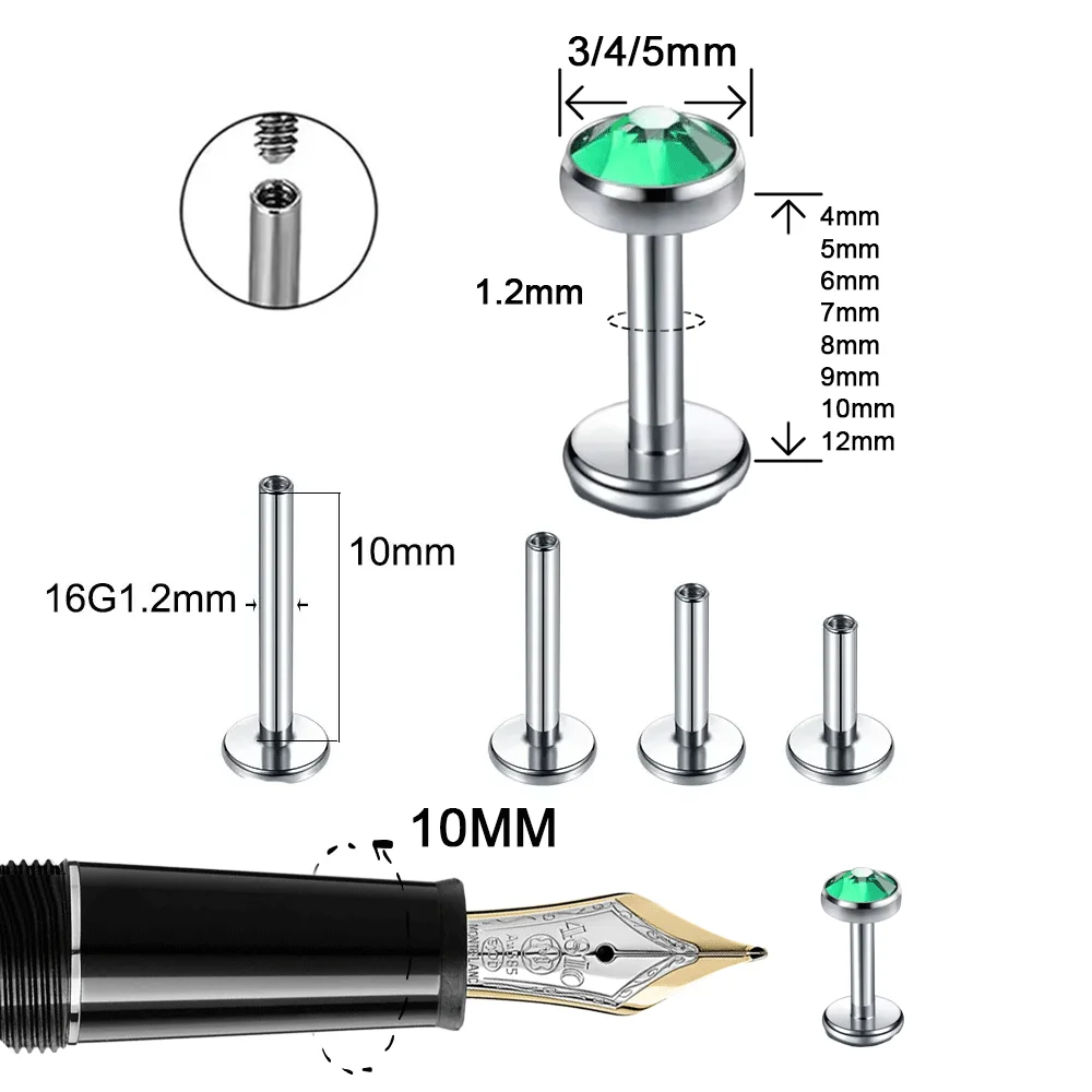 Fashion ASTM F136 Titanium Nose Piercing 5A Zircon Stones Earrings Internal thread Labret Lip Studs Ear Cartilage Tragus Jewelry