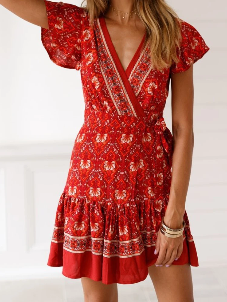 

Women's Clothing New Summer V-neck Dresses Sexy Bohemian Printed Dress Short Skirt Women's Wear