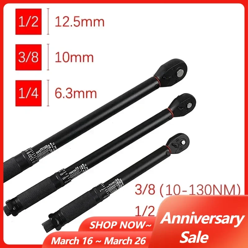 3-230N.m Torque Wrench Round Tube High Precision Adjustable 1/2'' 3/8'' 1/4'' Torque Wrench Car Bike Automotive Hand Tools