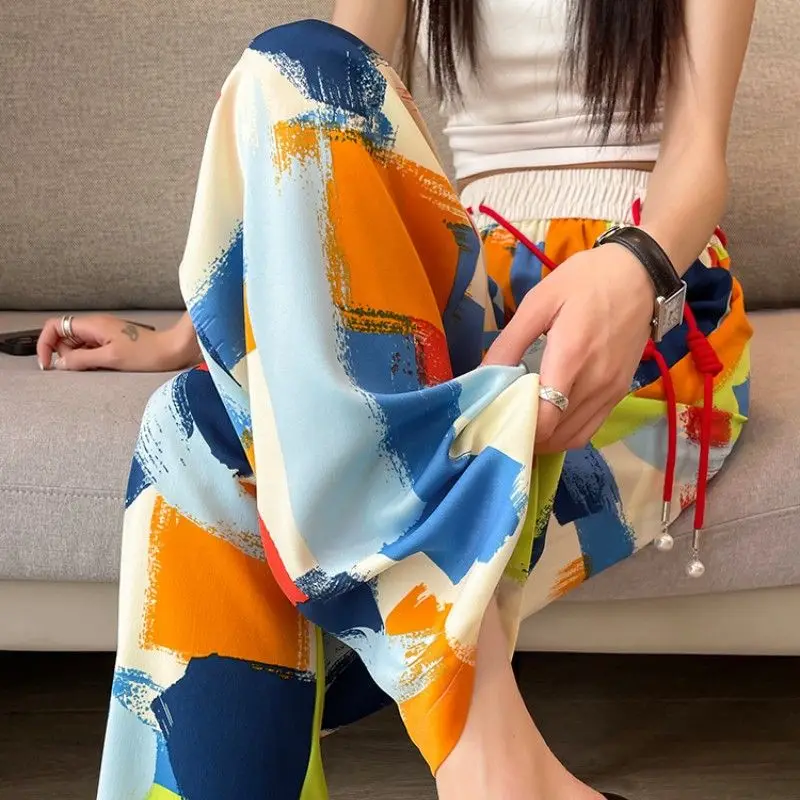 Fashion Elastic Lace Up Color Printed Geometric Chiffon Pants Female Clothing 2024 Summer New Loose High Waist Casual Trousers