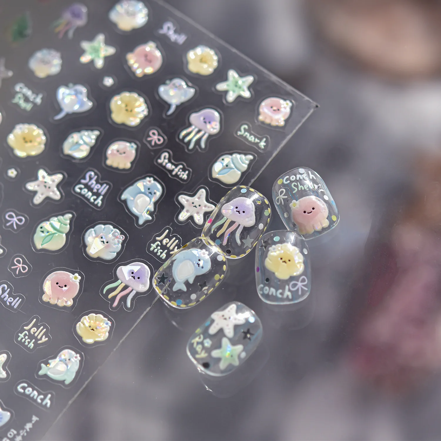 Mignon sirène chat Nail Art autocollants 5D coquille lumière été coquille de mer étoile 3D ongles autocollants bricolage adhésif ongles décorations autocollants