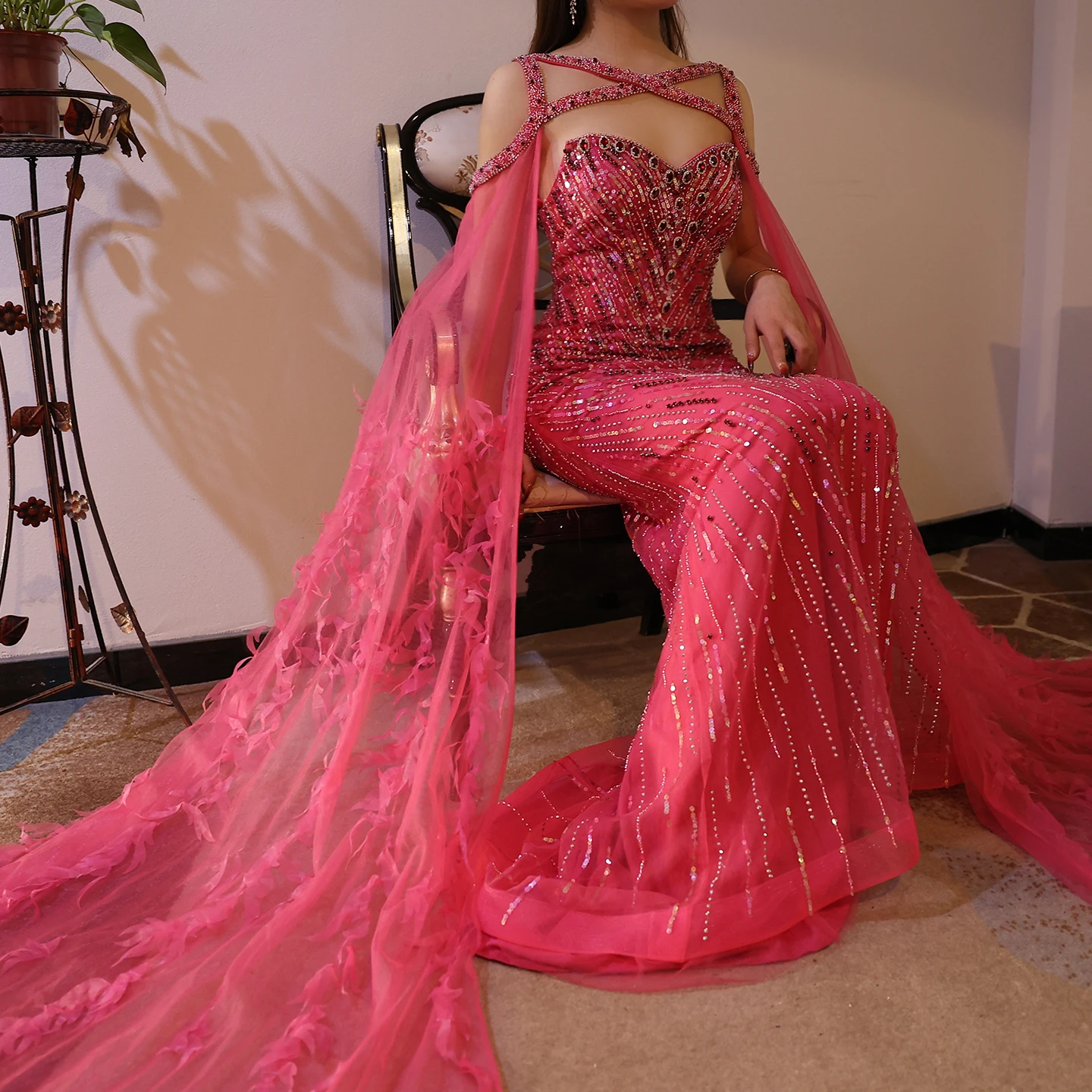 Sharon Said Luxury Fuchsia Mermaid Dubai Evening Dress with Cape Sleeve for Women Wedding Party Dress SS468 Customized