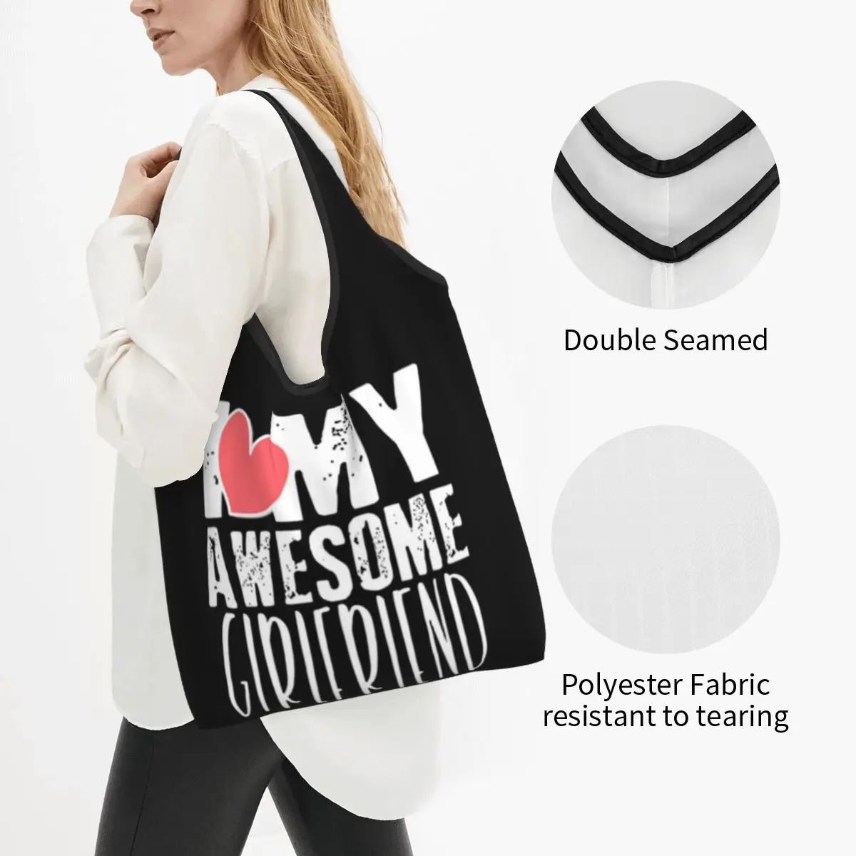 Cute I Love My Awesome Girlfriend Boyfriends Portable Tote Shopping Bags Reusable Shopper Bag Grocery Handbag Shoulder Bag