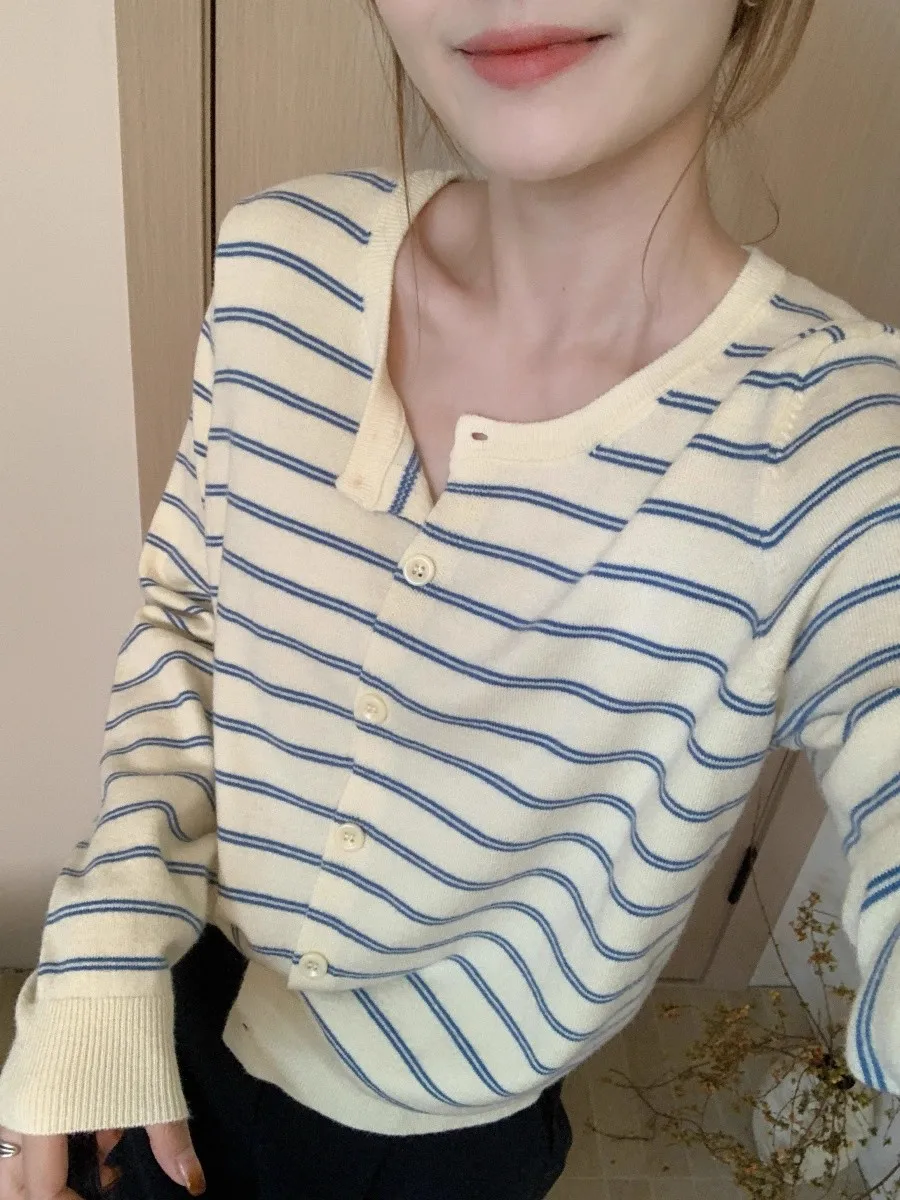 

Корейский свободный длинный све женский трикотаж в полоску, верхняя одежда, винтажная осенне-зимняя модная универсальная одежда для снижения возраста