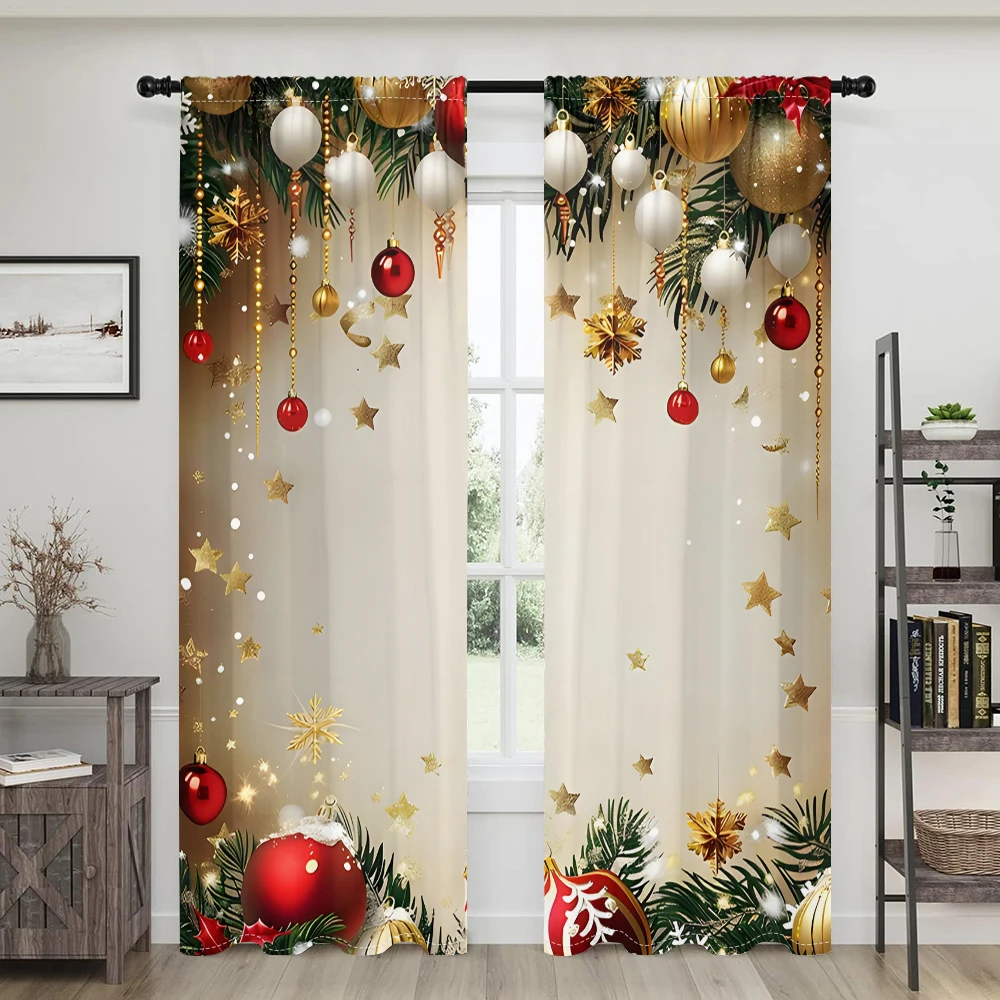 2 pieces, Christmas tree branch colored ball curtains -30% blackout - suitable for living room, bedroom, kitchen, home decoratio