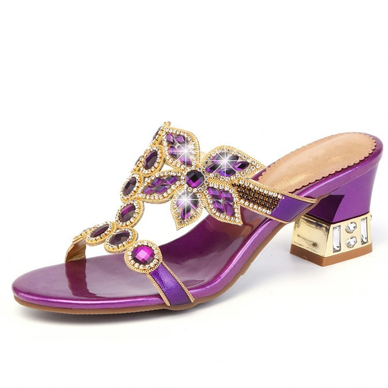 Summer Sexy Luxury Design Women\'s Rhinestones Sandals Fashion Crystal Square High Heels Roman Lady Banquet Party Shoes