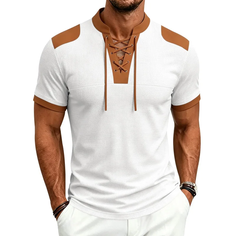 UNITIM Man Top Summer American Contrast Color Drawstring Men T-shirt Streetwear Stand Collar Short Sleeve Male Casual Tees
