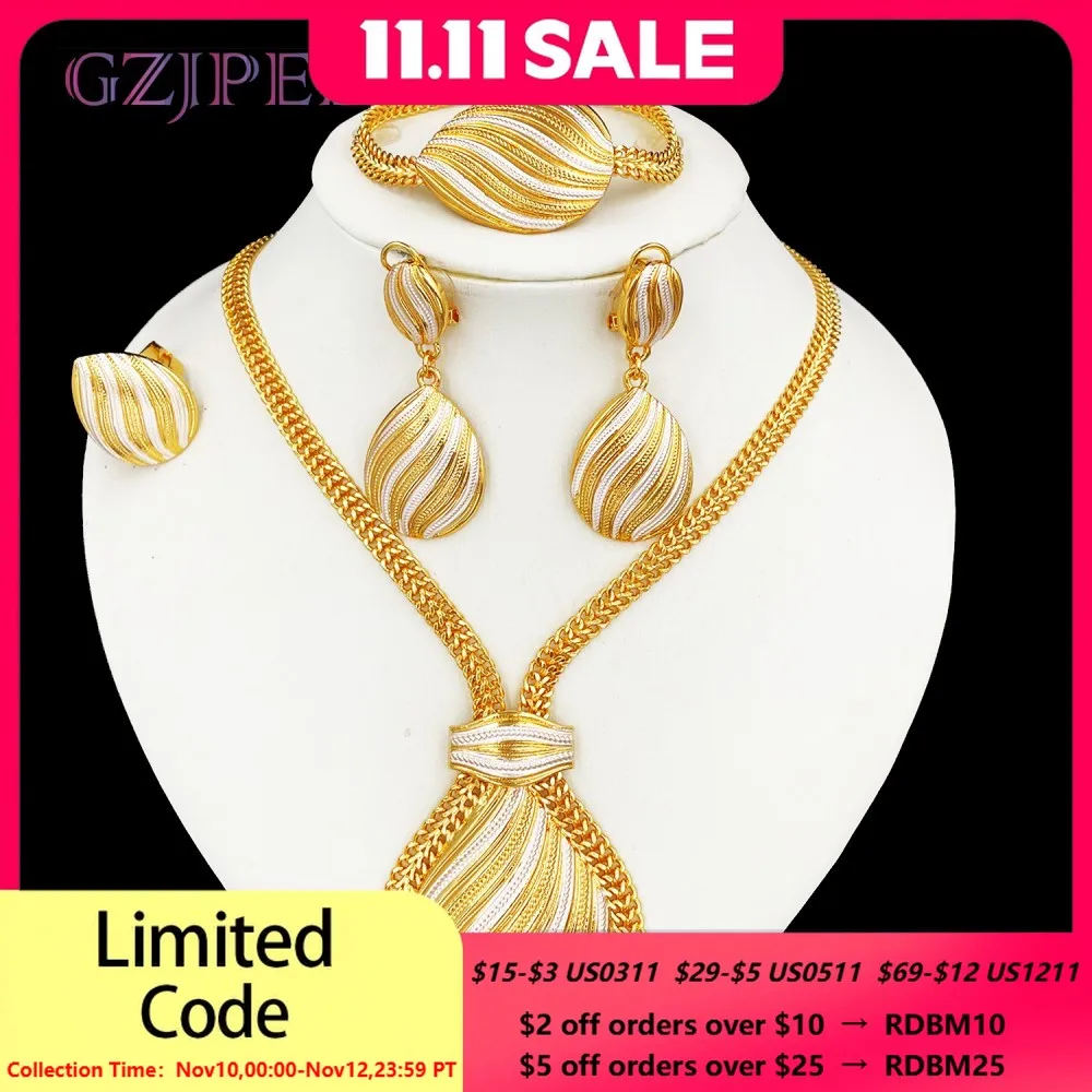 

GZJPEI двухцветный комплект ювелирных изделий, позолоченный большой кулон, ожерелье, браслет, серьги с каплями воды, кольцо для женщин, свадебные подарки, новинка 2023 года