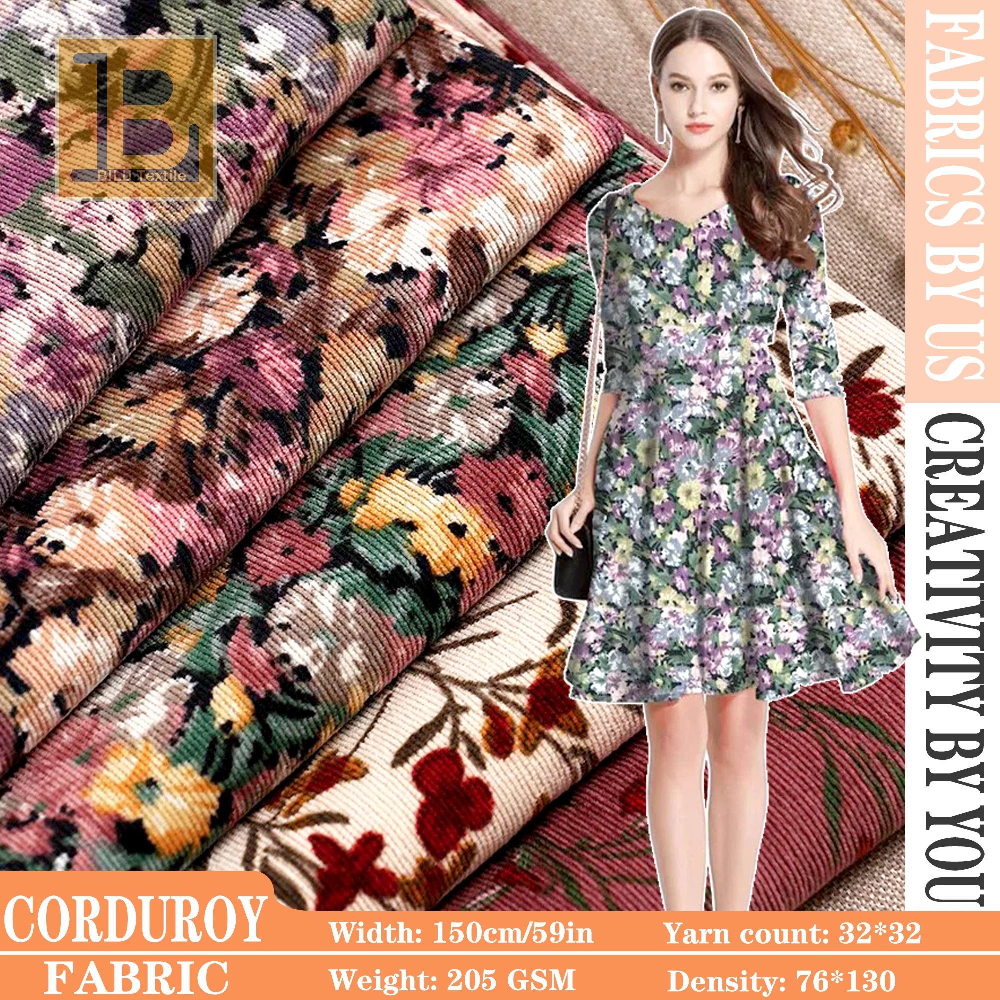 

100*150cm Corduroy Fabric - Soft Velvety Feel, Mini Floral Print - Great for Shirts, Dresses, Kids Wear & Curtains