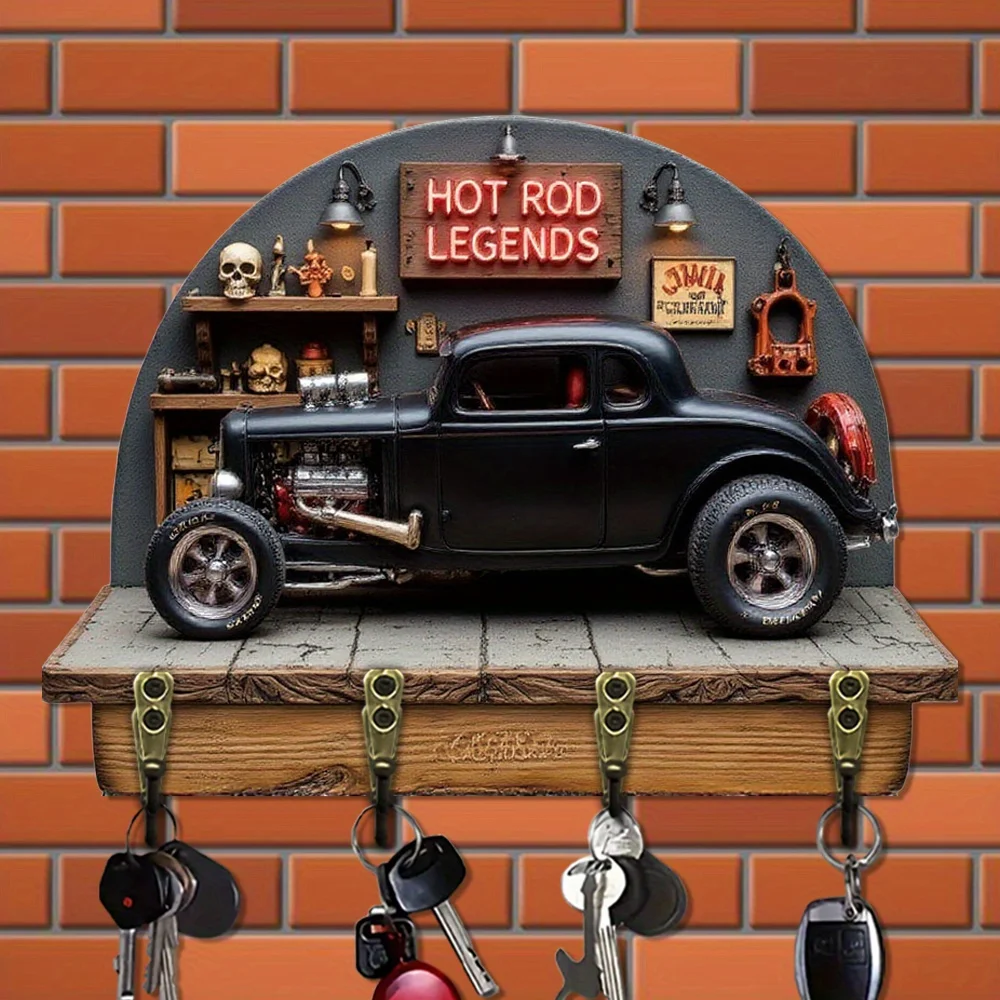 2D Flat Wooden Board, 1pc Per Pack, Vintage Modified Car Key Hook, Wooden Multi-functional Home Key Holder with Four Metal