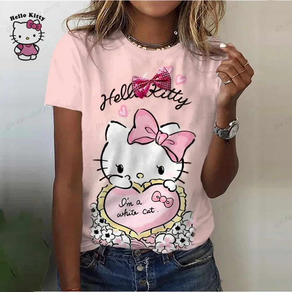 24/25 Disney Hello Kitty Women T-shirts 3D Print Cartoon Fashion Short Sleeve Summer T-Shirt for Women Tops Tees Female Clothing