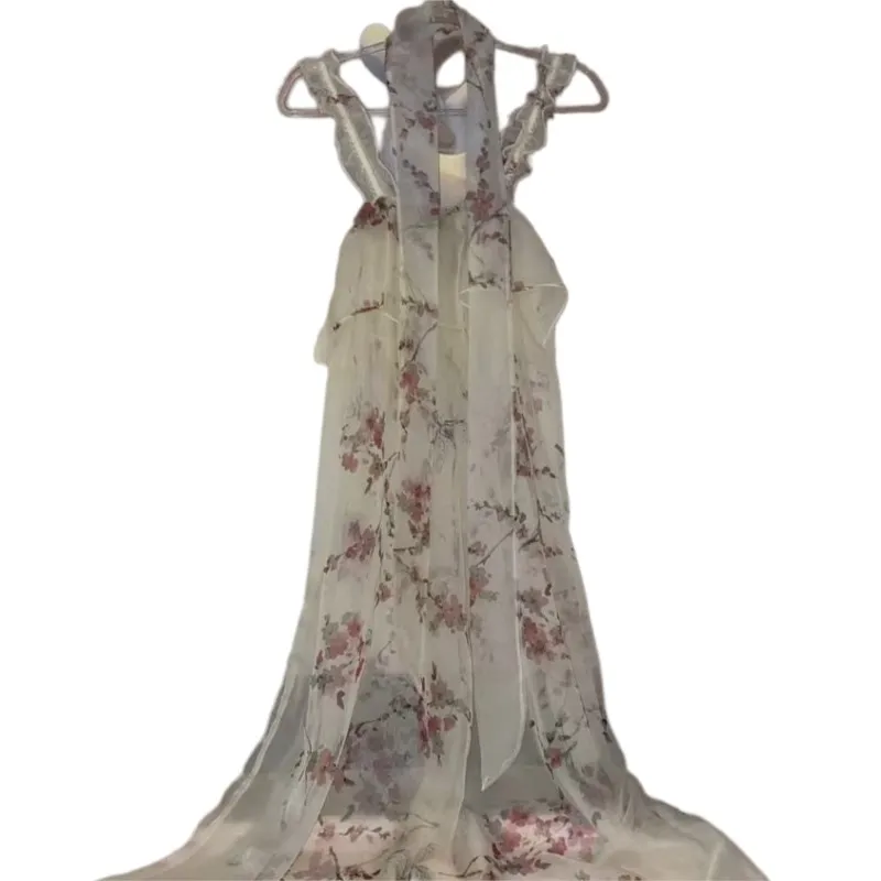 Transparent Floral Print Ruffles Suspender Dress Loose Maxi Dress Plus Size Pajamas Robe Sexy Soft Silky Night Dress