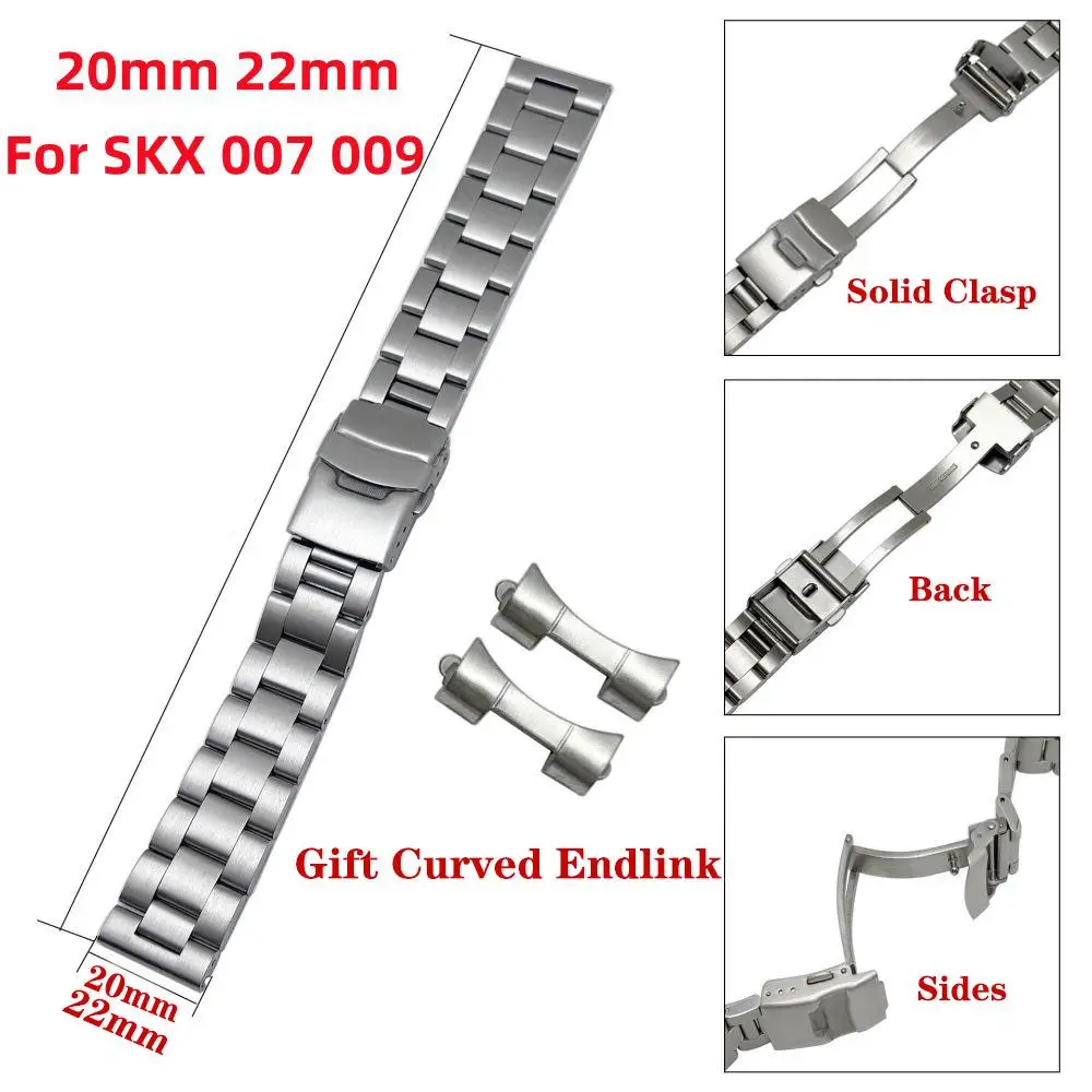 Silver Oyster Solid Stainless Steel Watch Strap SKX007 20mm 22mm Universal Straight Curved End Band For SKX 007 009 Watch