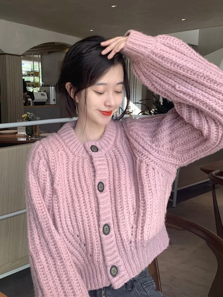 Pink Short Knitted Cardigan Jacket Women 2022 Winter Elegant Korean Lantern Sleeve Coat Female Fashion Single-breasted Chic Tops