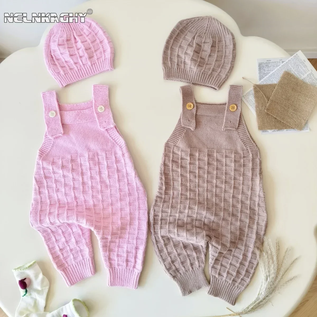 Pink Khaki Sweater Camisole Pants INS Hot Selling Autumn New Infant Solid Color Sling Jumpsuit Romper + Hat Set Cute Newborn