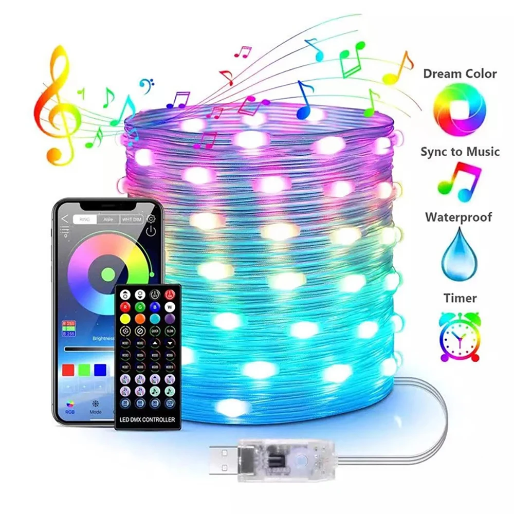 Luz decorativa de Natal ao ar livre, RGB, IC, Bluetooth, Controle de aplicativos, 5V, USB, Fairy Tale, String for Wedding Party, 40m