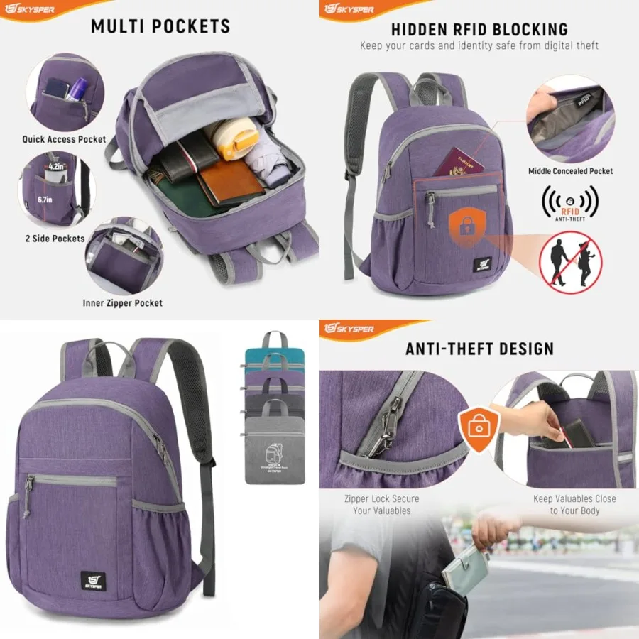 

Anti Theft Hiking Backpack, 18L RFID Packable Travel Daypack, Lightweight Foldable Back Pack for Walking Daytrip