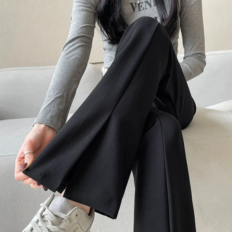 Black Front Split Flares Pants Women Fashion High Waist Elastic Slim Fit Wide Leg Pants Woman 2025 Y2K Simple Popular Trousers