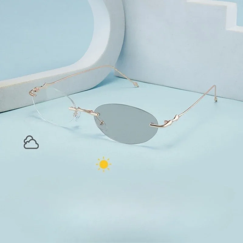 Ultraleichte Modische Photochrome Sonnenbrille Neue Luxuriöse Rahmenlose Ovale Blaulichtfilter-Brille für Männer und Frauen – Detail 2