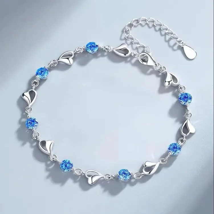 925 Sterling Silver Heart Shaped Necklace Bracelet Set for Women Vintage Korean Blue Crystal Bracelets Jewelry Set Party Jewelry