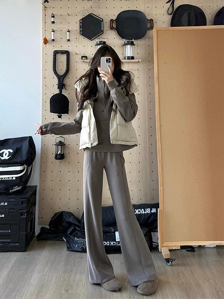 Hose mit hoher Taille, geradem Bein und weitem Bein, lässige Yoga-Fitnesshose für Damen, versteckte Tead-Sport-Freizeit-Baumwollmischung