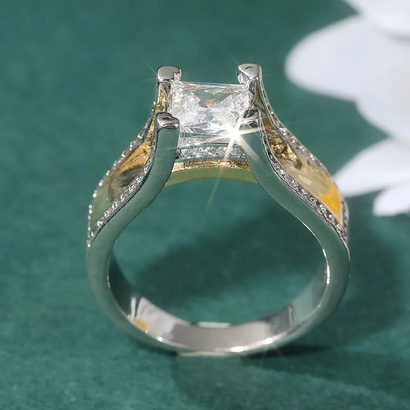 Exquisiter zweifarbig eingelegter weißer CZ-Damenring, quadratisch, für den täglichen Gebrauch, Partyschmuck – Detail 3