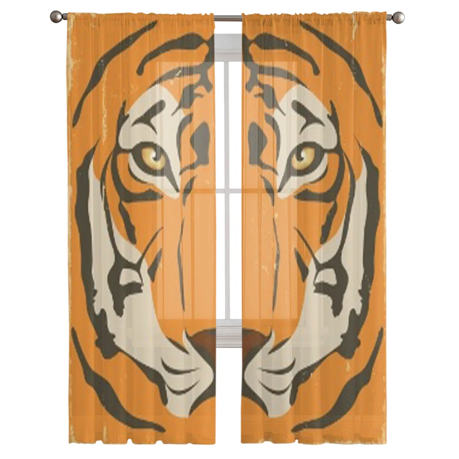 Illustration Of An Elegant Tiger Head With Symmetrical Stripes Retro Vintage Sheer Tulle Window Curtains Voile Drape for Bedroom