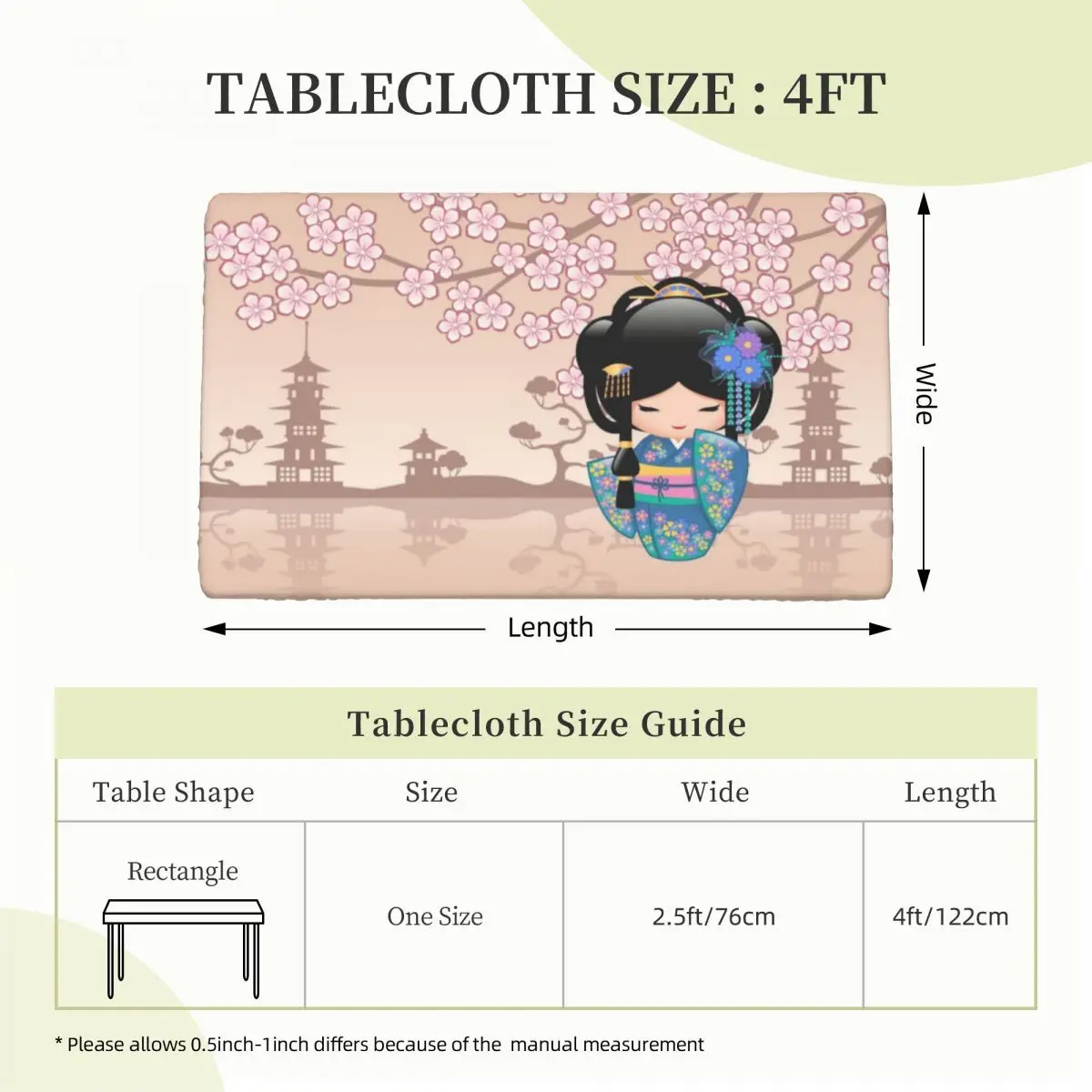 Custom Japanese Keiko Kokeshi Doll Rectangular Tablecloth Waterproof 4FT Table Cloth Flower Cherry Blossom Table Covers