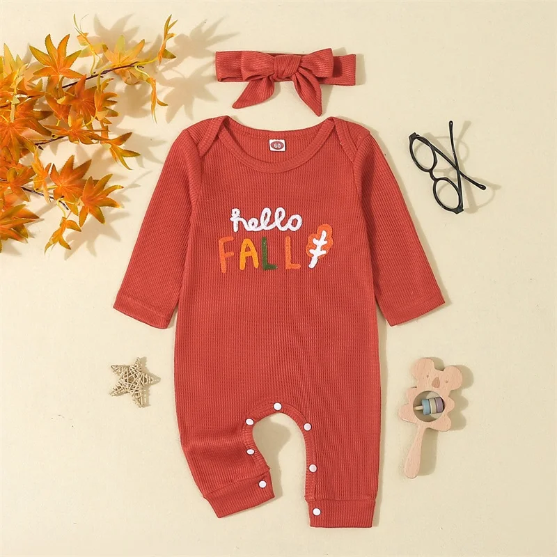 2024-06-14 Lioraitiin 1-18M Baby Girl Fall Outfit, Long Sleeve Crew Neck Embroidery Letters Jumpsuit with Headband Baby Clothes