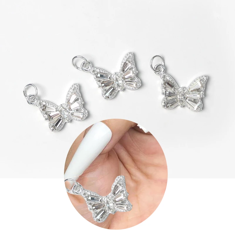 10Pcs Butterfly Nail Rhinestones Dangle Alloy 3D Gold&Silver Crystal Nail Piercing Dangle (12*15mm)Butterfly nail Piercing Decor