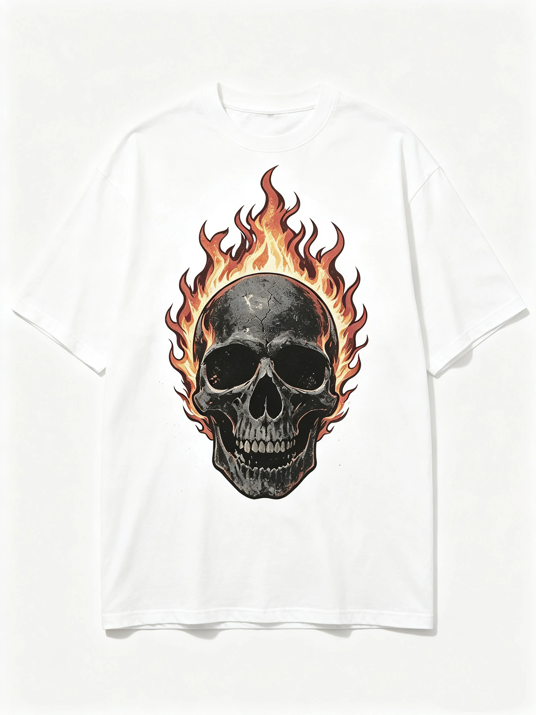 Unisex Vintage Flame Skull Graphic T Shirt Men Women Dark Grunge Skeleton Print Oversized Crew Neck Short Sleeve Casual Streetwear Cotton Top