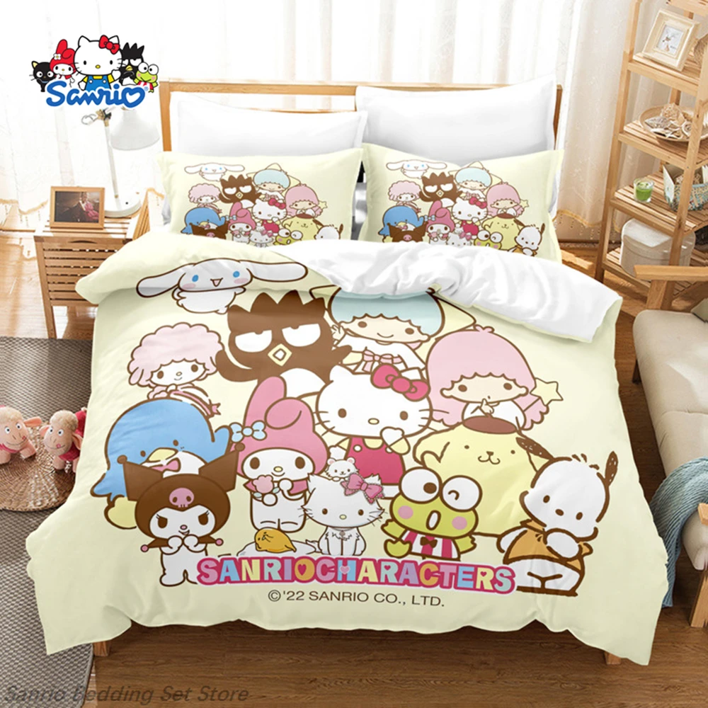 

Sanrio Hello Kitty Kuromi My Melody Bedding Set 3Pcs Kawaii Anime Duvet Cover Set for Girls Kids Room Decor Queen King Gift