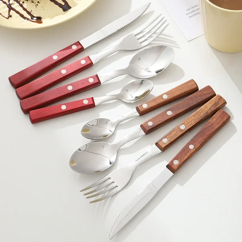 16pcs Mirror 304 Stainless Steel Real Wood Handle Cutlery Portable Dinner Knife Fork Tea Spoon Dinnerware Tableware Kitchen