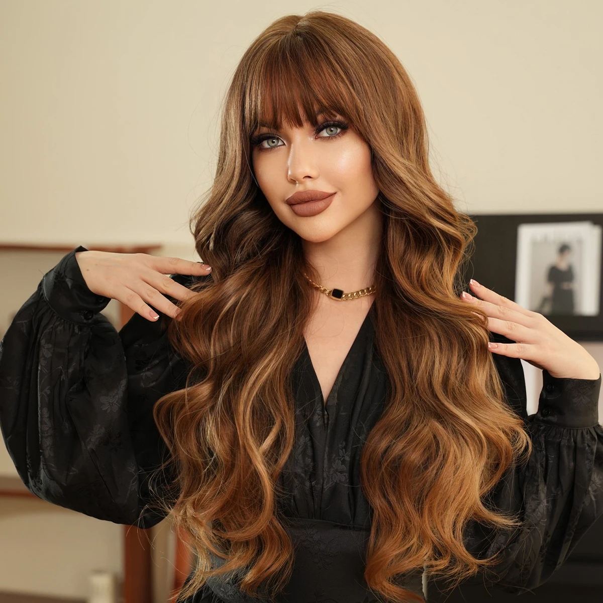 PARK YUN Long Synthetic Wig Long Body Wavy Pink Dark Blonde Wig for Women Daily Party High Density  Hair Wigs with Bangs