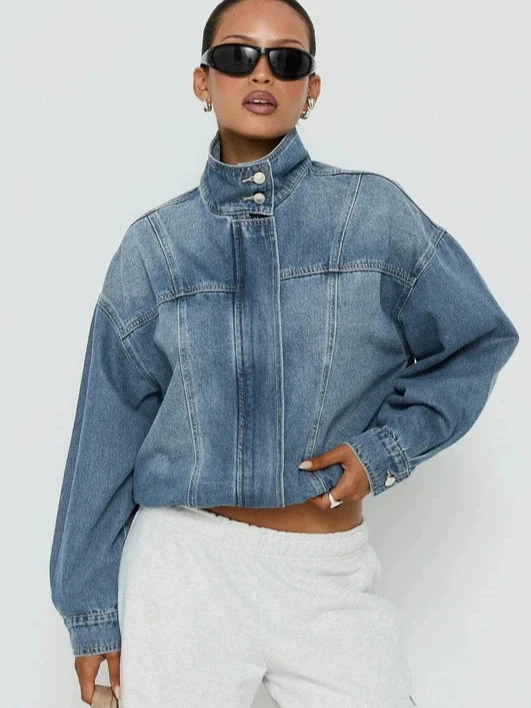 Herbstliche amerikanische Vintage-Damen-Jeansjacke mit Stehkragen, locker geschnitten, langärmelig, modisch, lässig, Streetwear, Winter-Jeansjacke – Detail 2