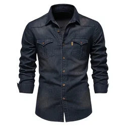 Trend New Large Size 5XL Denim Shirts Men Casual Solid Color Long-sleeved Spring and Autumn Single Breasted Male Tops