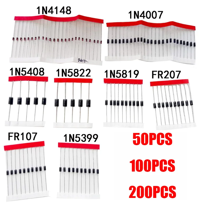 50PCS 100PCS 200PCS 1N4007 1N4148 1N5408 1N5822 1N5819 In-line Switch Rectifier Diode Kit Fast Switching Schottky Diodes Set