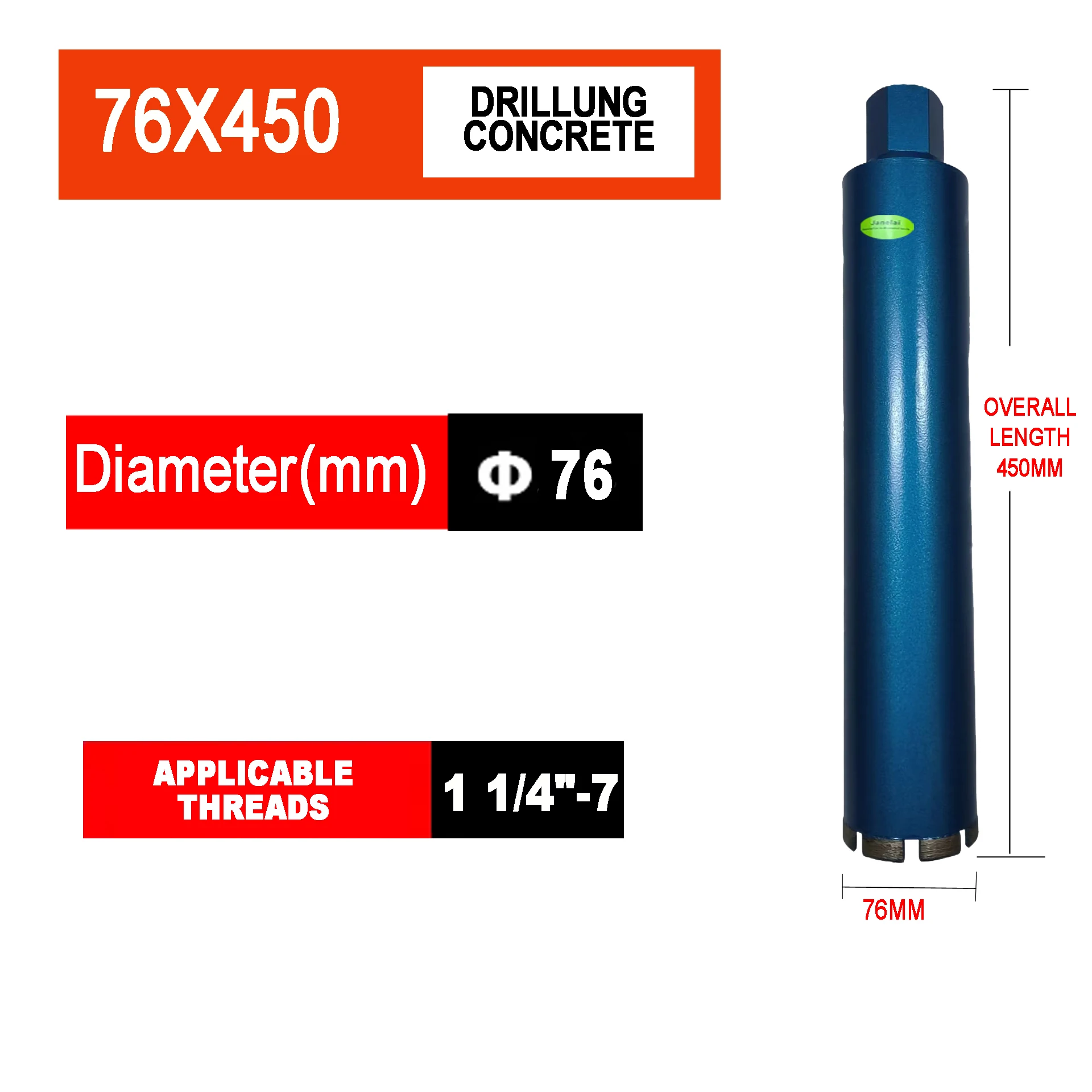 

Janelai 76mm Diameter Wet Diamond Core Drill Bits 1-1/4 Thread 450mm Concrete Core Drill Bit Core Bit Turbo