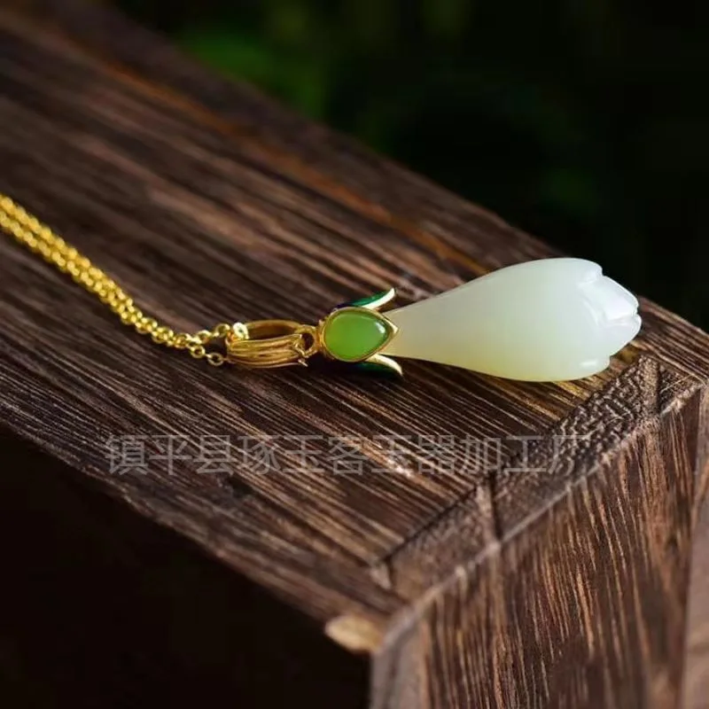 

Orchid jade pendant vintage cloisonne jade clavicle chain