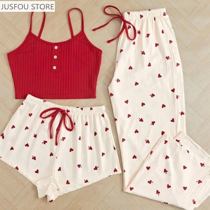 

Women's Simple Casual Comfortable Suspender Sleeveless Pajamas, Love Printed Girly Style Home Clothes Three-Piece Set