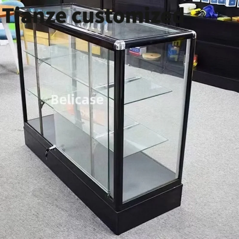 Customized-store glass show with LED light smoke shop display cabinet showcase sturdy aluminum frame floor display