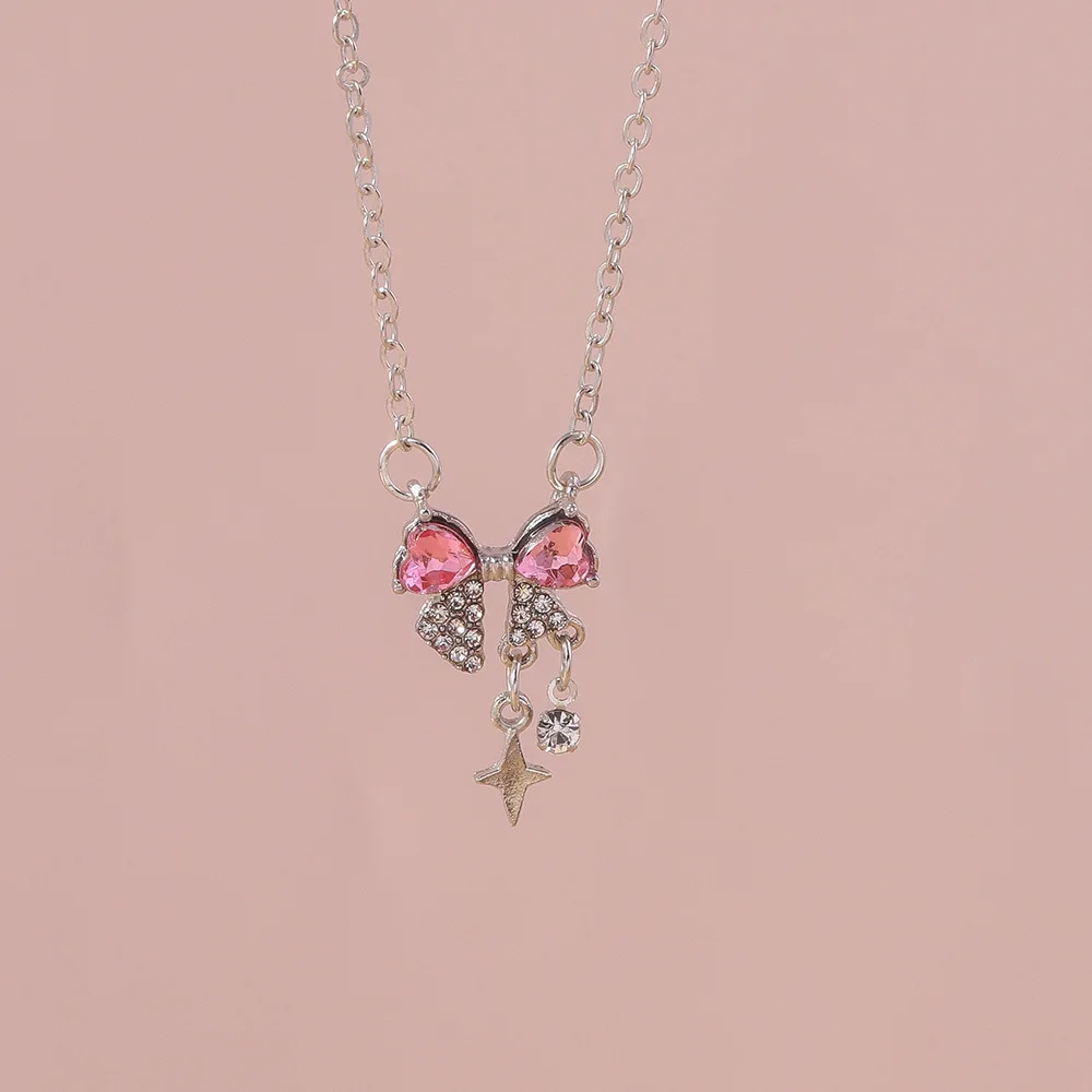 Sweet Pink Bow Necklace Ladies Fashion Sparkling Rhinestone Star Shape Pendant Clavicle Chain Delicate Wedding Accesories